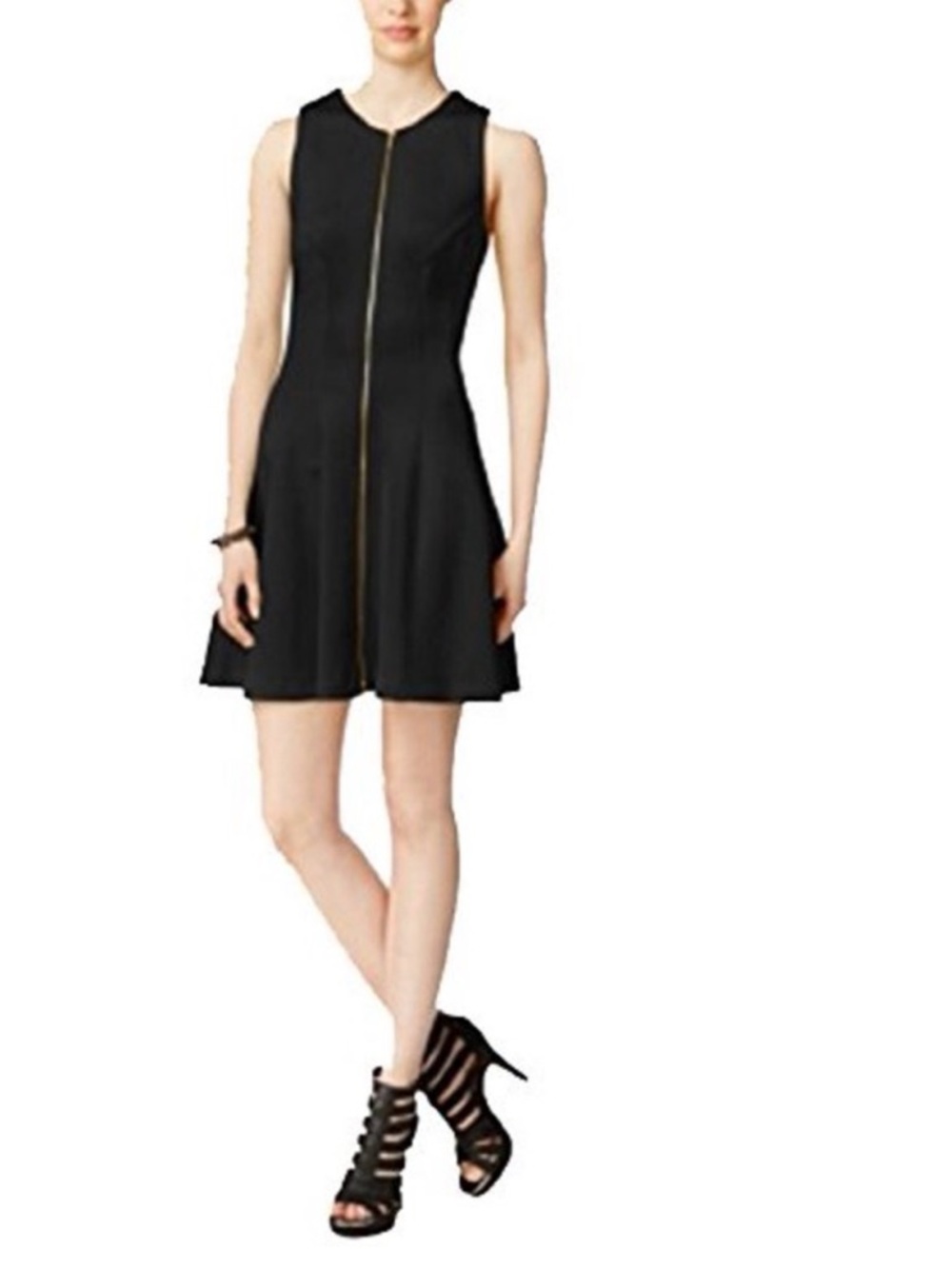 Bar lll Macys black sleeveless gold zipper front mini dress fit and flare